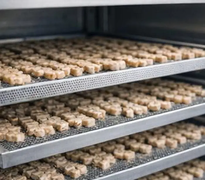 Dried fish treats on drying trays inside an industrial oven