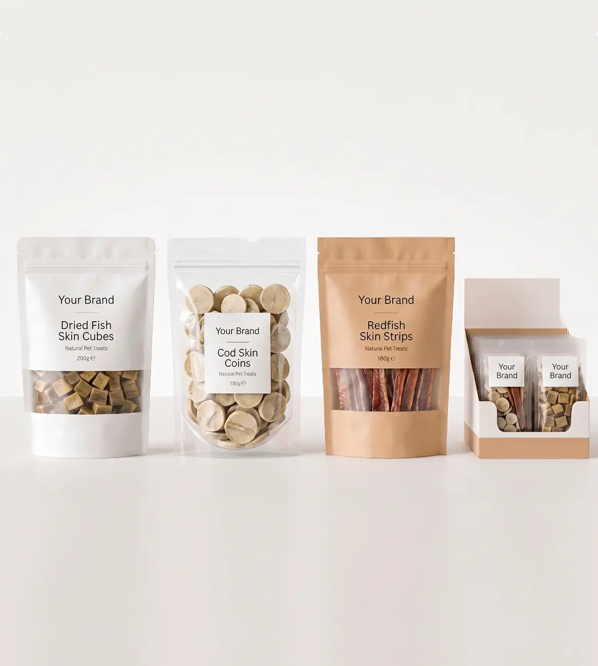 Packaged dried fish treats in pouch and box packaging mockups