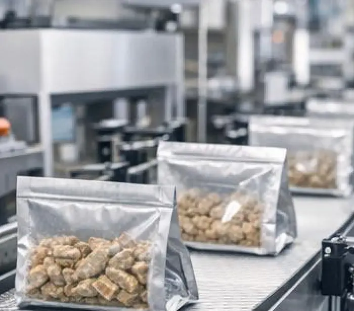 Packaged fish treats moving along a production conveyor