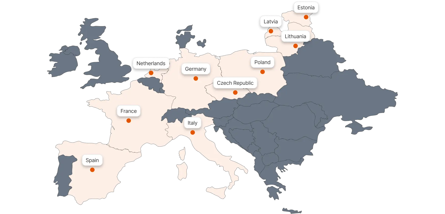 Map of Europe showing countries where Claw PetFood supplies fish pet treats